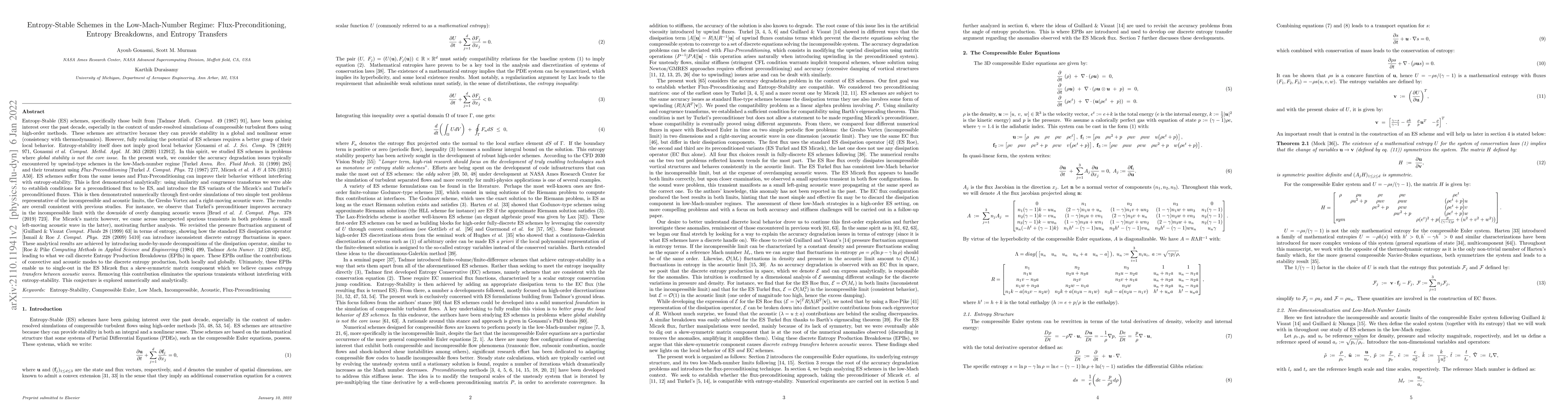 Thumbnail for Entropy-Stable Schemes in the Low-Mach-Number Regime:
  Flux-Preconditioning, Entropy Breakdowns, and Entropy Transfers