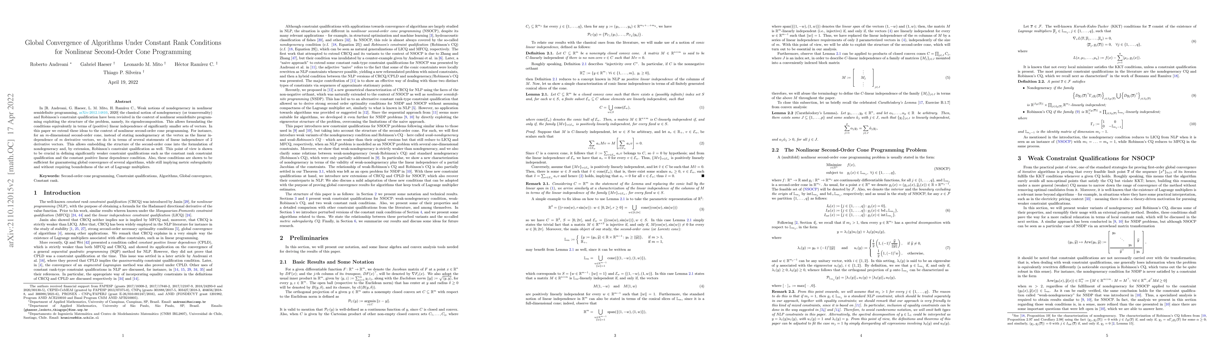 Thumbnail for Global Convergence of Algorithms Under Constant Rank Conditions for
  Nonlinear Second-Order Cone Programming