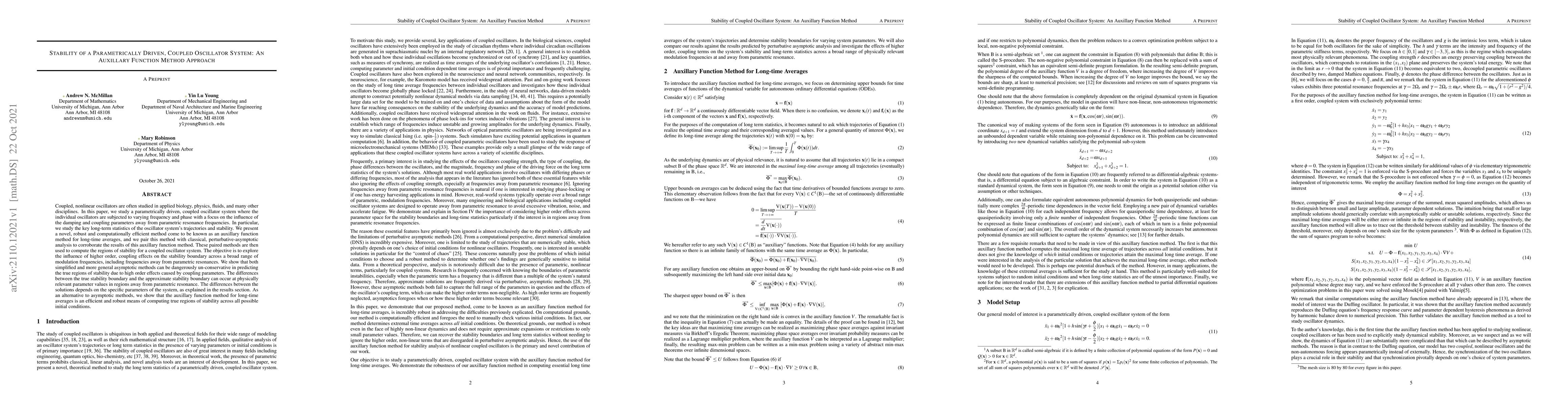 Thumbnail for Stability of a Parametrically Driven, Coupled Oscillator System: An
  Auxillary Function Method Approach