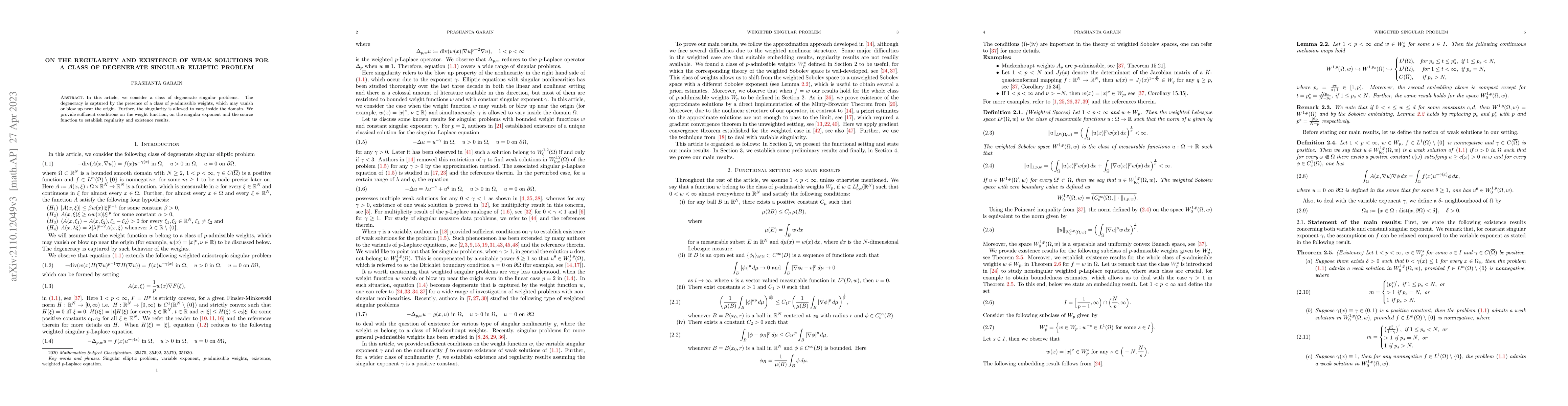 Thumbnail for On the regularity and existence of weak solutions for a class of
  degenerate singular elliptic problem