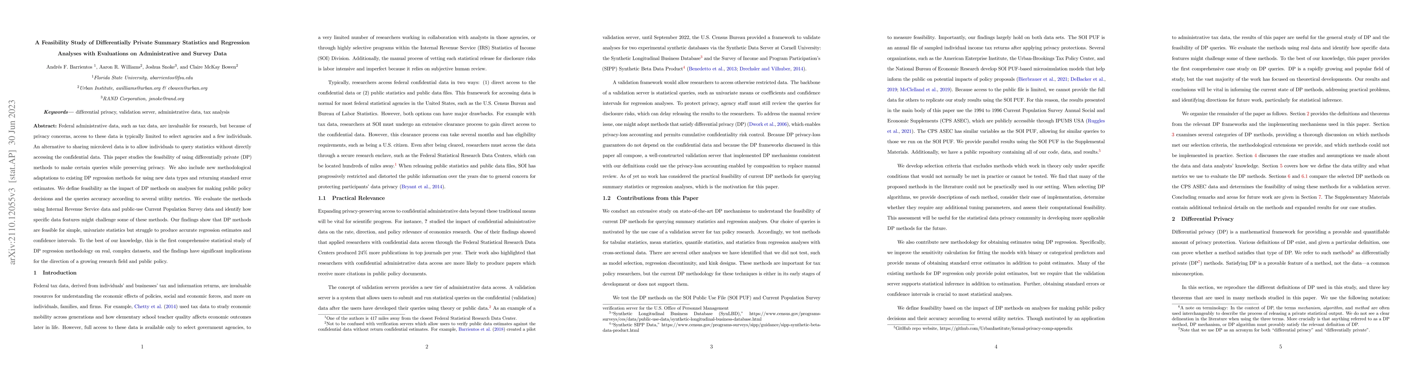 Thumbnail for A Feasibility Study of Differentially Private Summary Statistics and
  Regression Analyses with Evaluations on Administrative and Survey Data