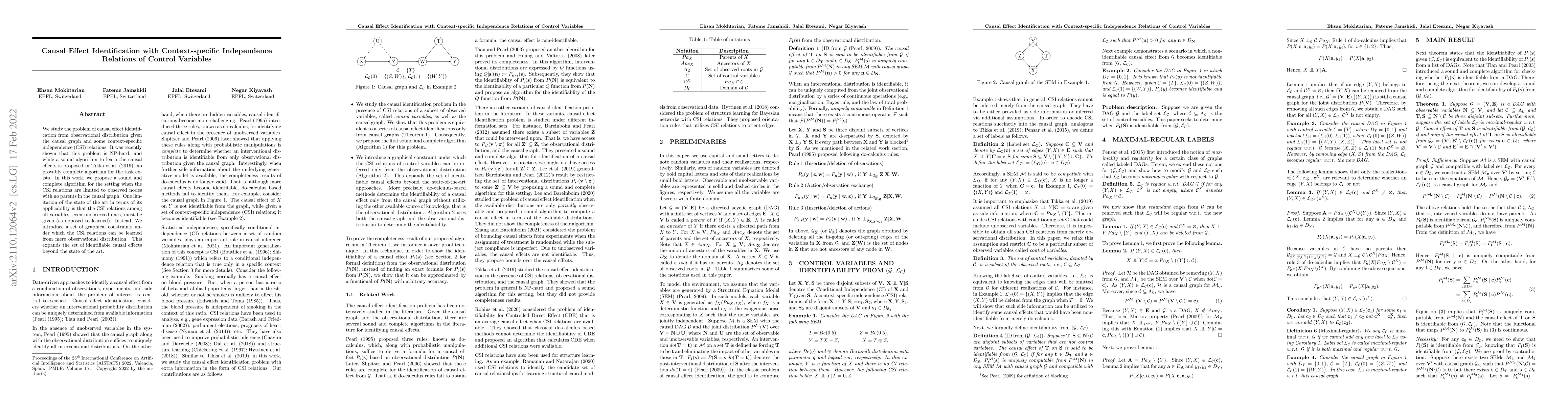 Thumbnail for Causal Effect Identification with Context-specific Independence
  Relations of Control Variables