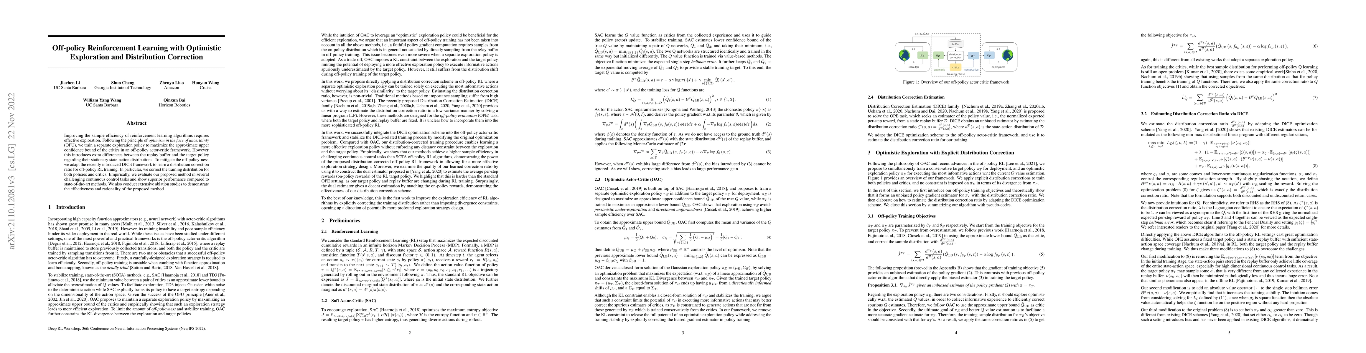 Thumbnail for Off-policy Reinforcement Learning with Optimistic Exploration and
  Distribution Correction