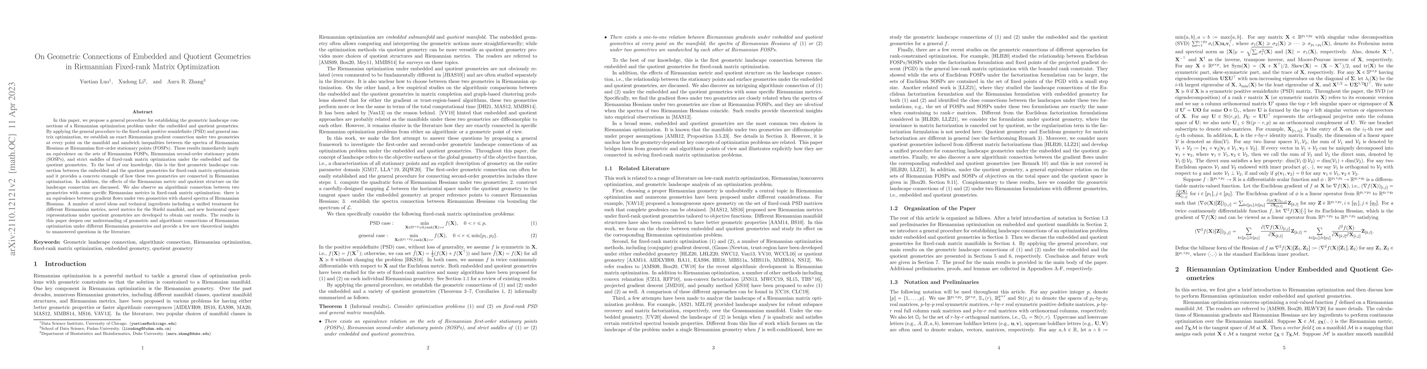 Thumbnail for On Geometric Connections of Embedded and Quotient Geometries in
  Riemannian Fixed-rank Matrix Optimization
