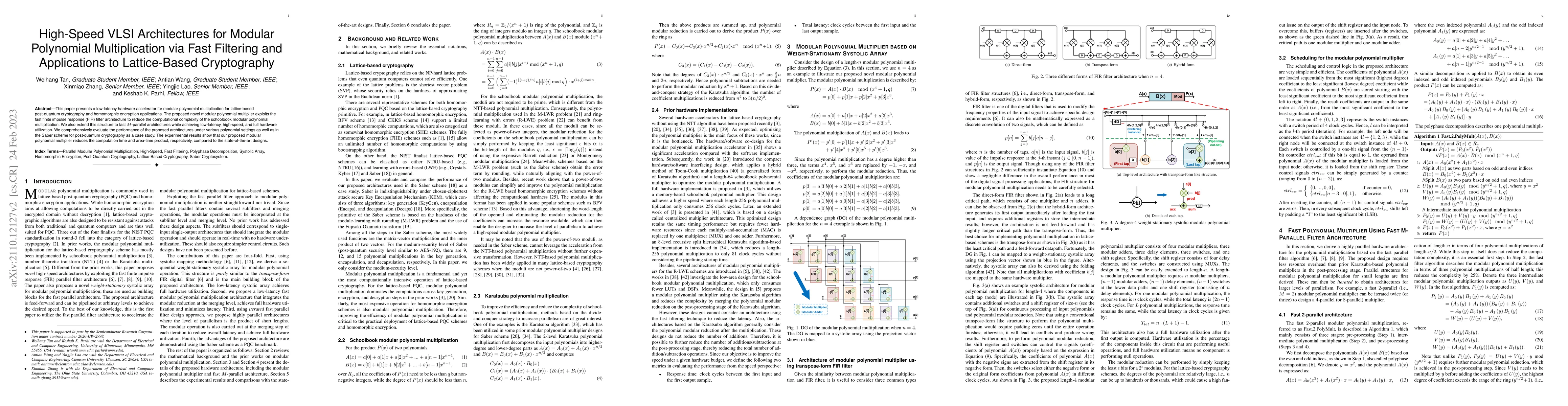 Thumbnail for High-Speed VLSI Architectures for Modular Polynomial Multiplication via
  Fast Filtering and Applications to Lattice-Based Cryptography