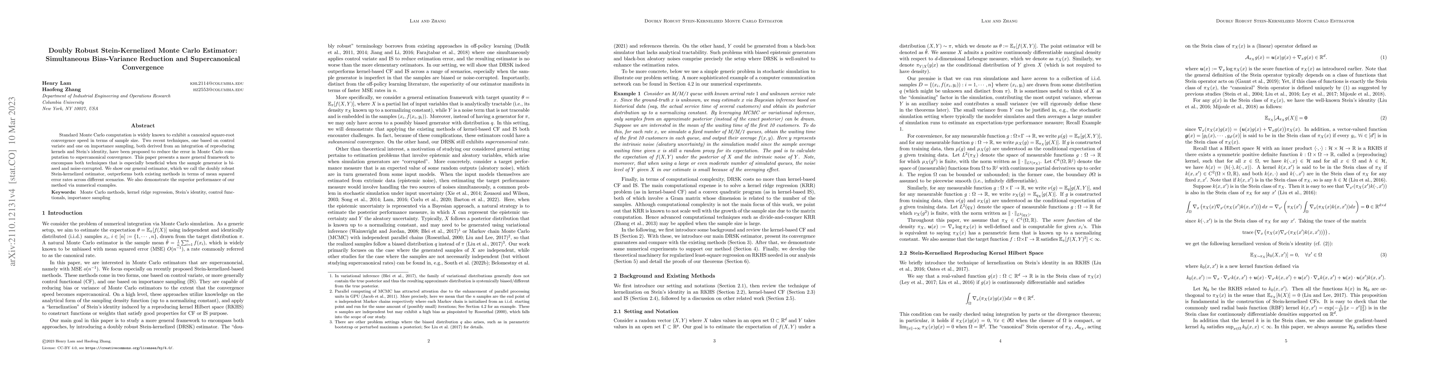 Thumbnail for Doubly Robust Stein-Kernelized Monte Carlo Estimator: Simultaneous
  Bias-Variance Reduction and Supercanonical Convergence