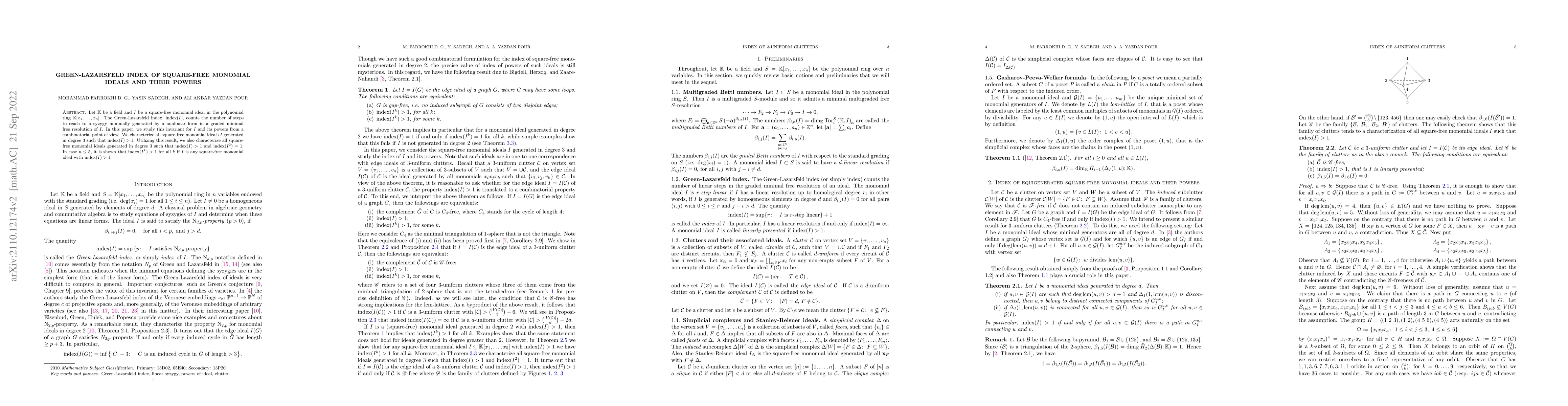 Thumbnail for Green-Lazarsfeld index of square-free monomial ideals and their powers