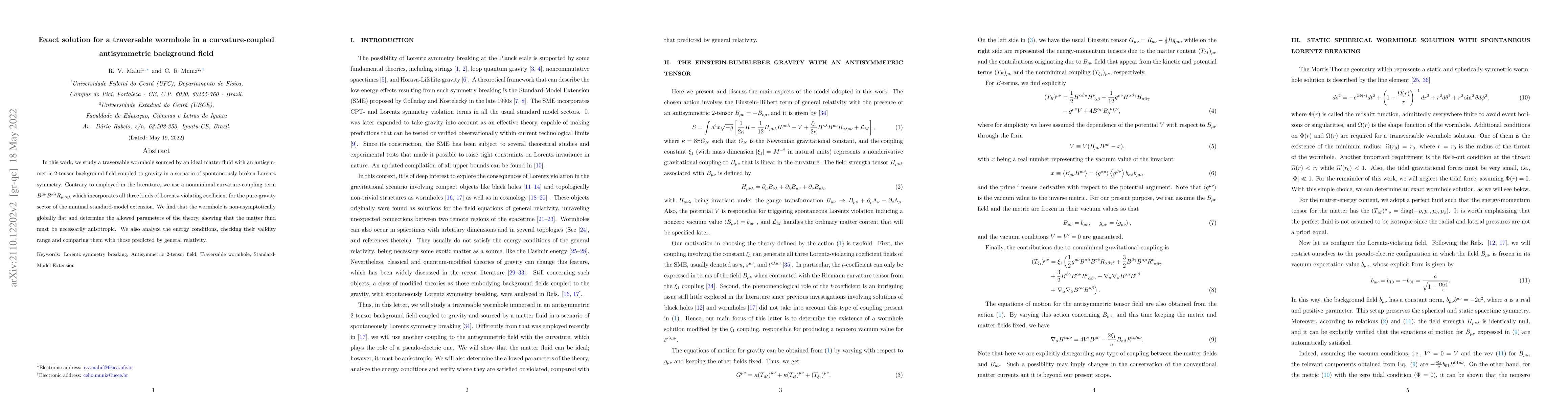 Thumbnail for Exact solution for a traversable wormhole in a curvature-coupled
  antisymmetric background field