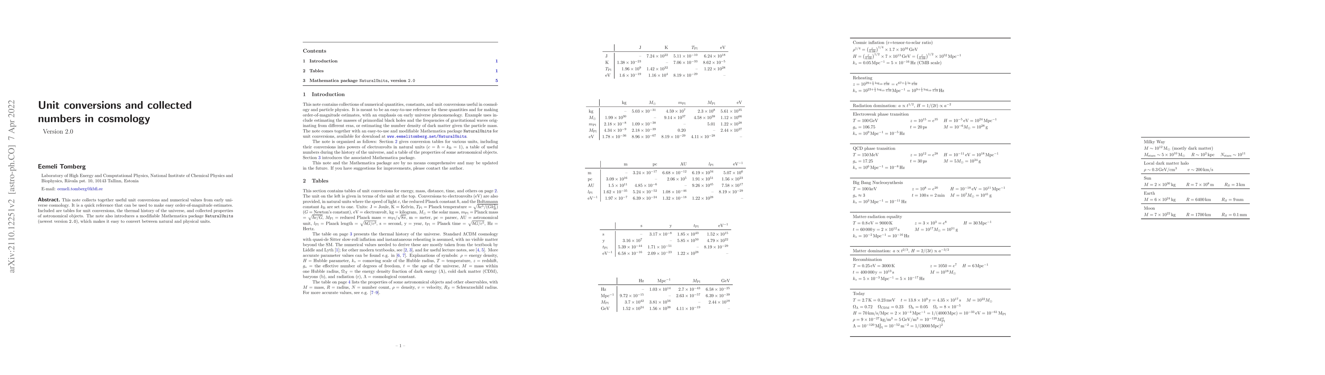 Thumbnail for Unit conversions and collected numbers in cosmology