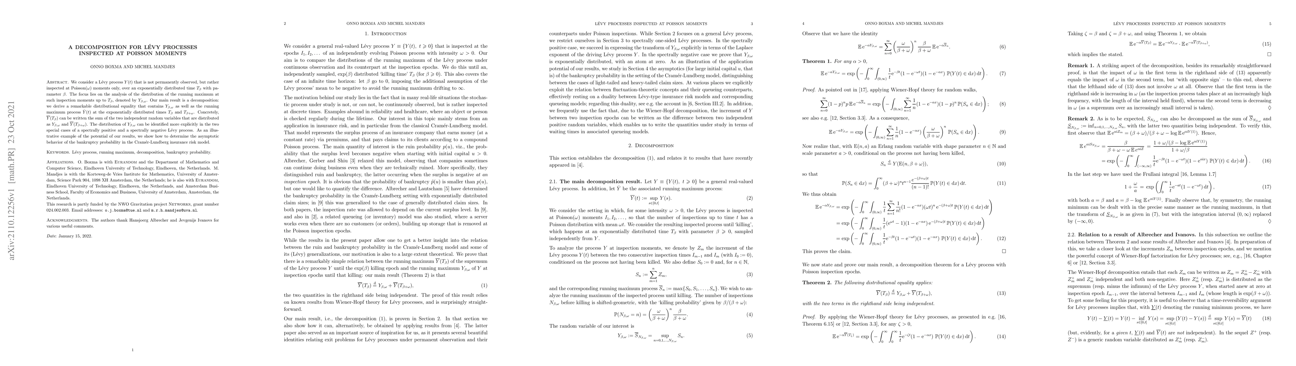 Thumbnail for A decomposition for Levy processes inspected at Poisson moments