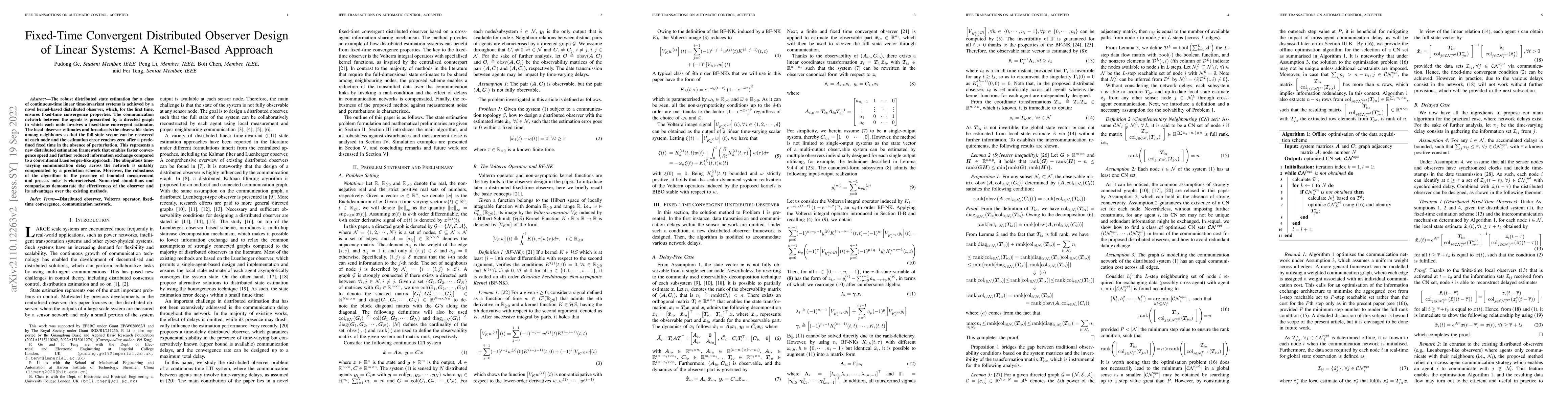 Thumbnail for Fixed-Time Convergent Distributed Observer Design of Linear Systems: A
  Kernel-Based Approach