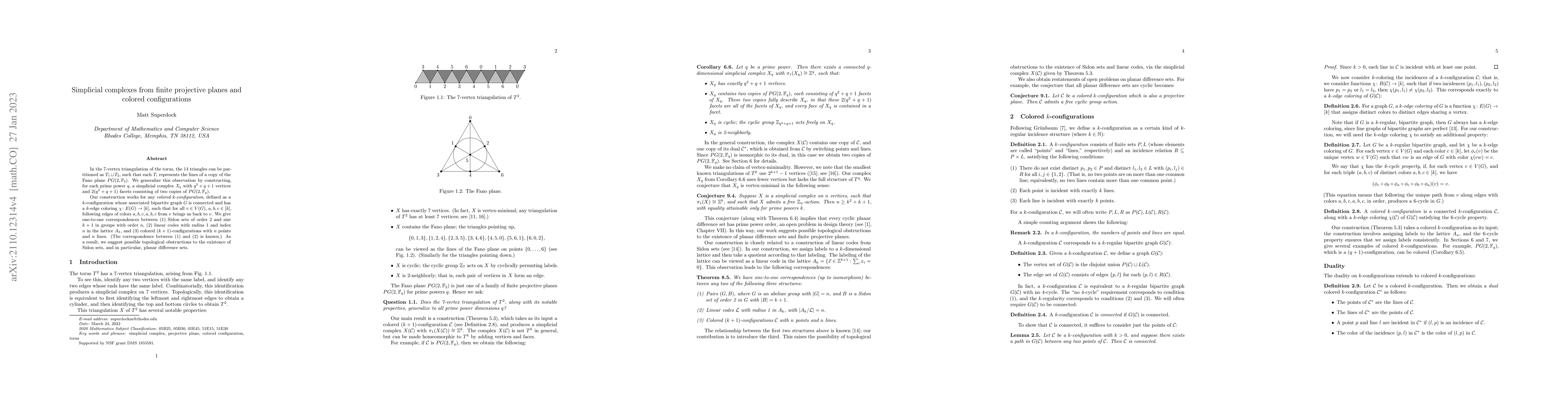 Thumbnail for Simplicial complexes from finite projective planes and colored
  configurations