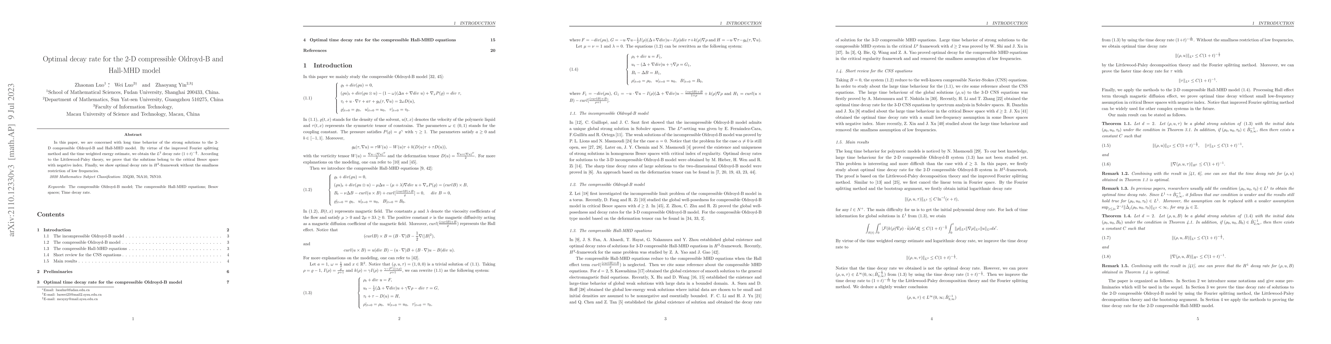 Thumbnail for Optimal decay rate for the 2-D compressible Oldroyd-B and Hall-MHD model