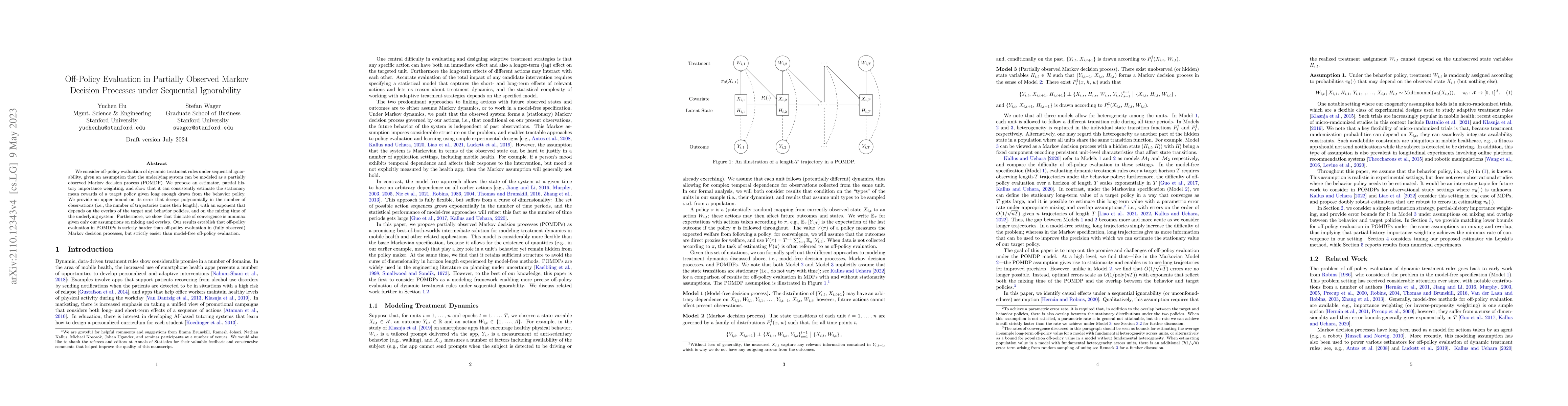 Thumbnail for Off-Policy Evaluation in Partially Observed Markov Decision Processes
  under Sequential Ignorability