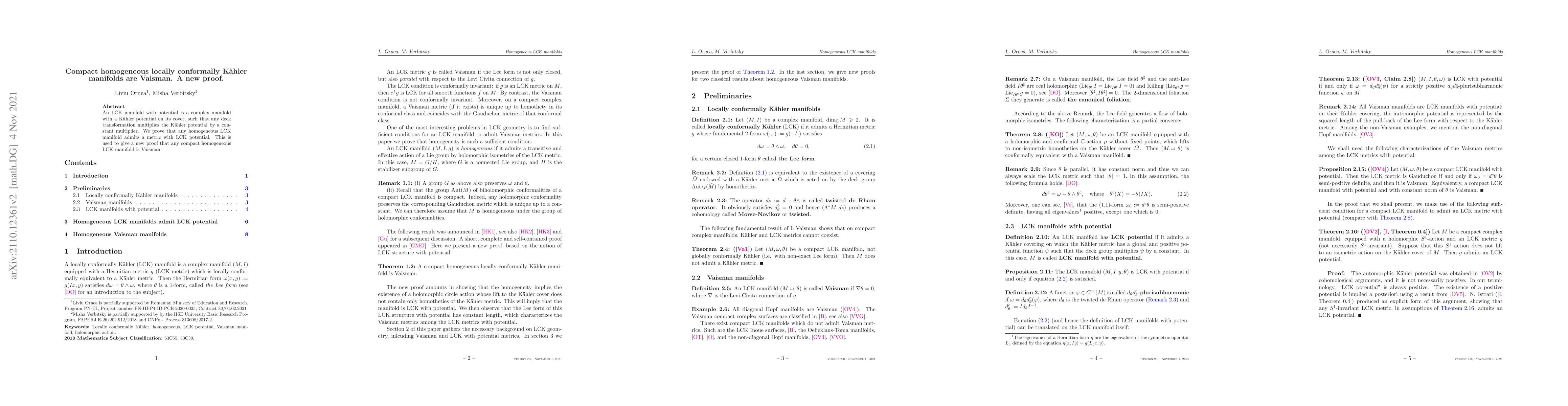Thumbnail for Compact homogeneous locally conformally Kahler manifolds are Vaisman. A
  new proof