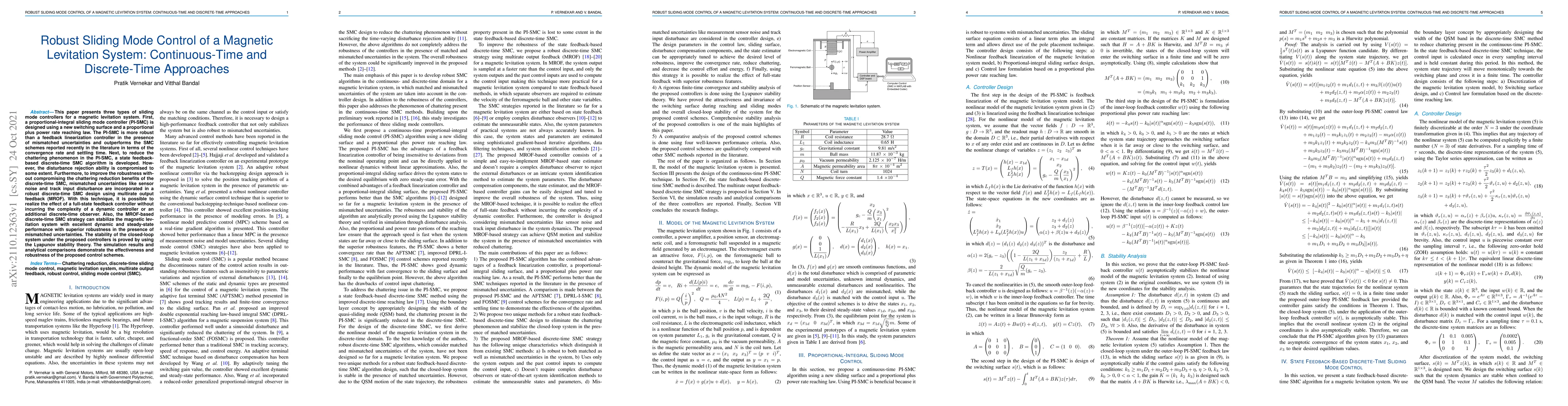 Thumbnail for Robust Sliding Mode Control of a Magnetic Levitation System:
  Continuous-Time and Discrete-Time Approaches