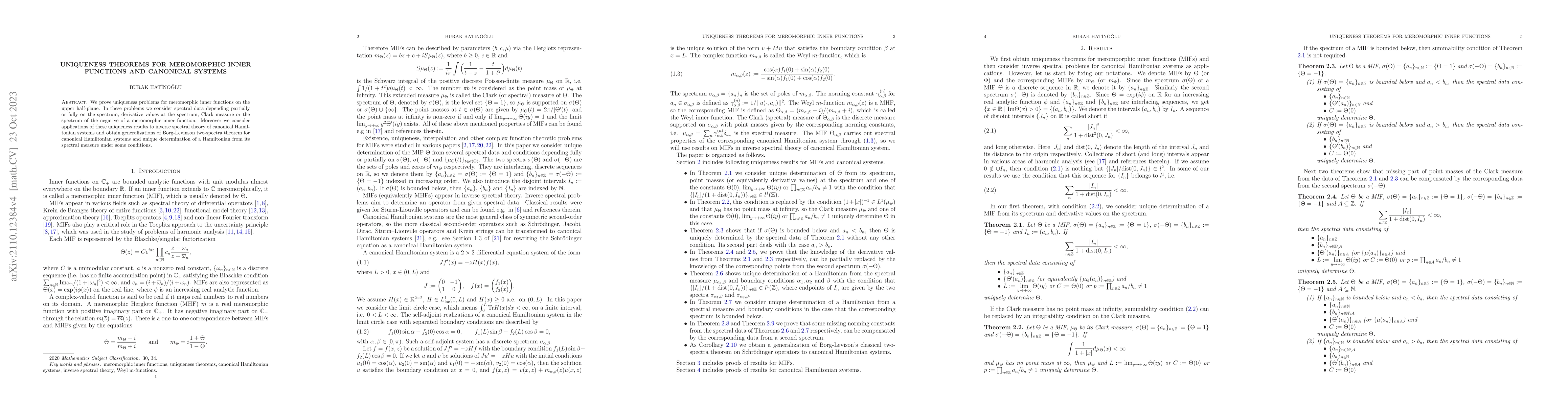 Thumbnail for Uniqueness theorems for meromorphic inner functions and canonical
  systems