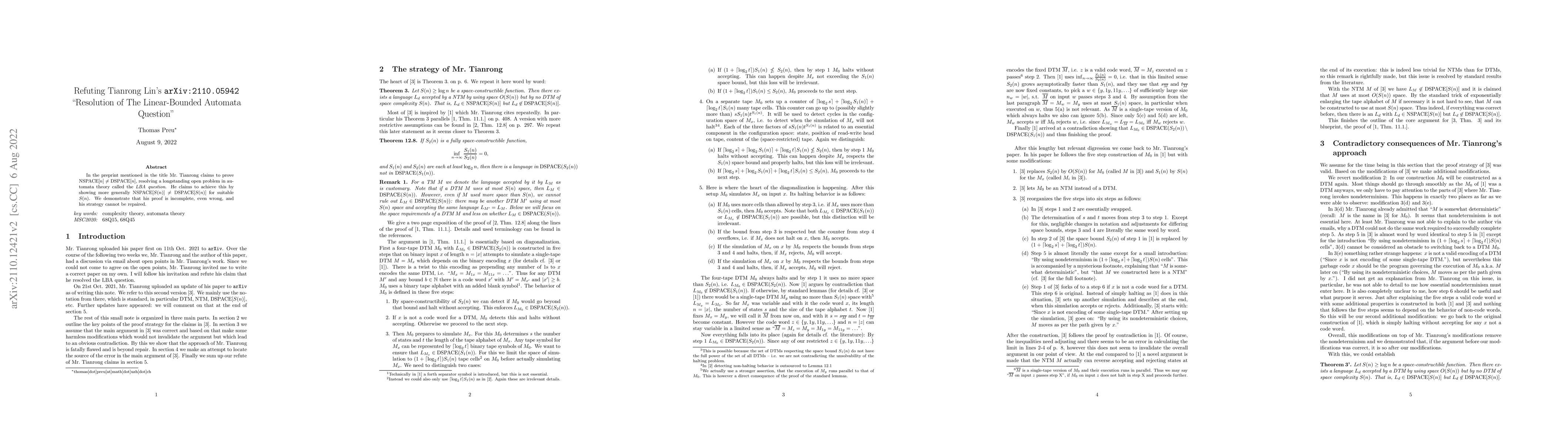 Thumbnail for Refuting Tianrong Lin's arXiv:2110.05942 "Resolution of The
  Linear-Bounded Automata Question"