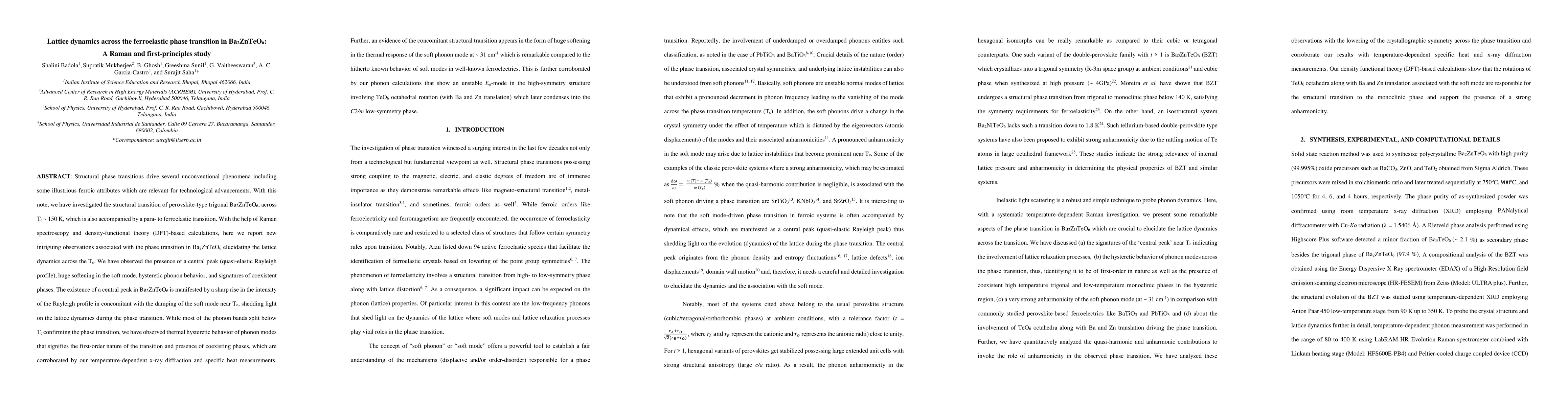 Thumbnail for Lattice dynamics across the ferroelastic phase transition in Ba2ZnTeO6:
  A Raman and first-principles study
