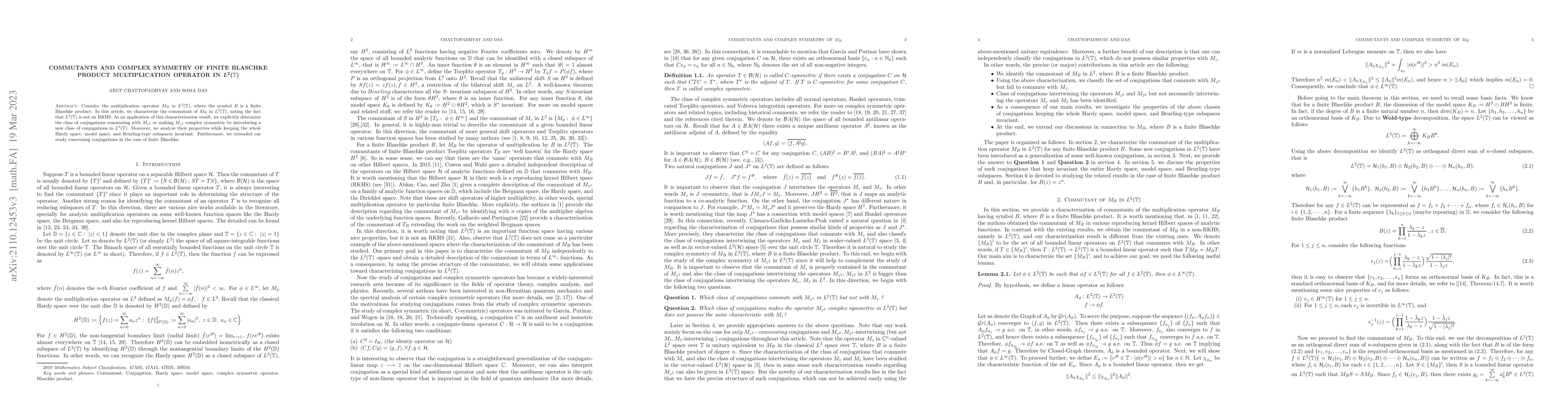 Thumbnail for Commutants and Complex Symmetry of Finite Blaschke Product
  Multiplication Operator in $\bm{L^2(\T)}$