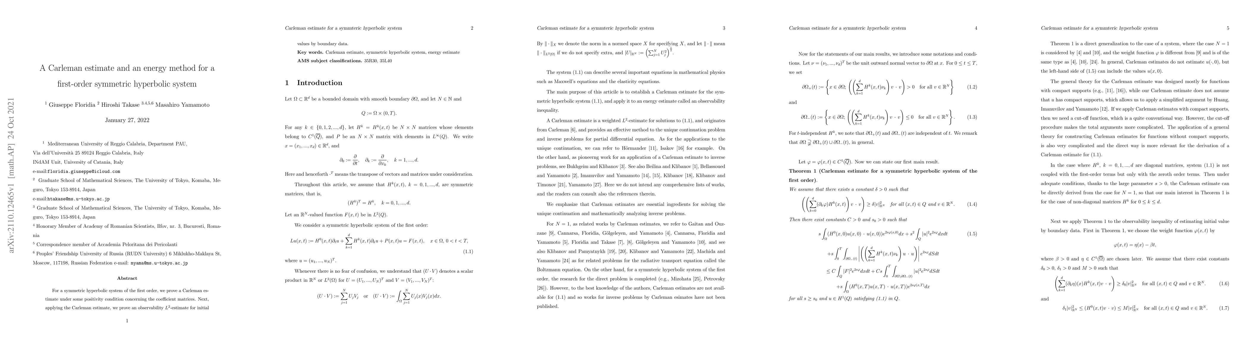 Thumbnail for A Carleman estimate and an energy method for a first-order symmetric
  hyperbolic system