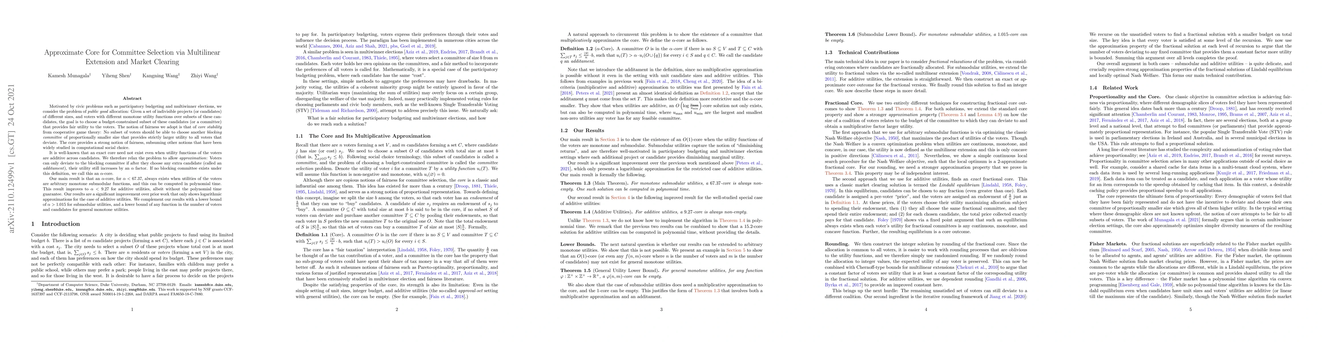 Thumbnail for Approximate Core for Committee Selection via Multilinear Extension and
  Market Clearing