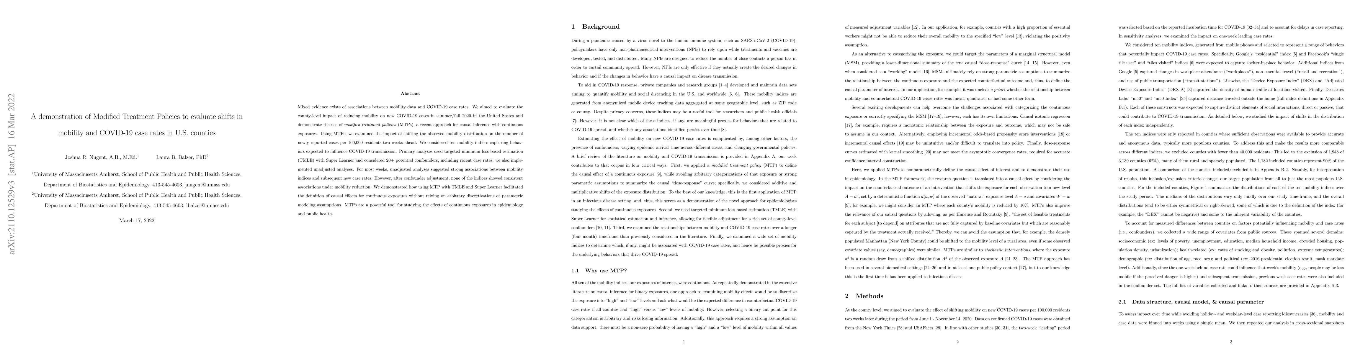Thumbnail for Evaluating shifts in mobility and COVID-19 case rates in U.S. counties:
  A demonstration of modified treatment policies for causal inference with
  continuous exposures