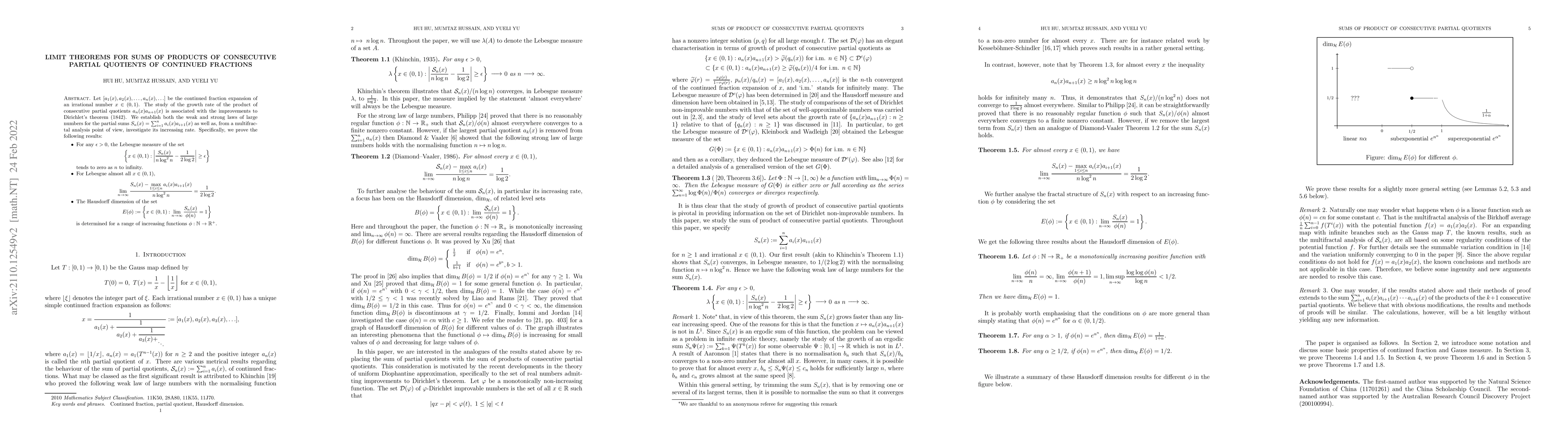 Thumbnail for Limit theorems for sums of products of consecutive partial quotients of
  continued fractions