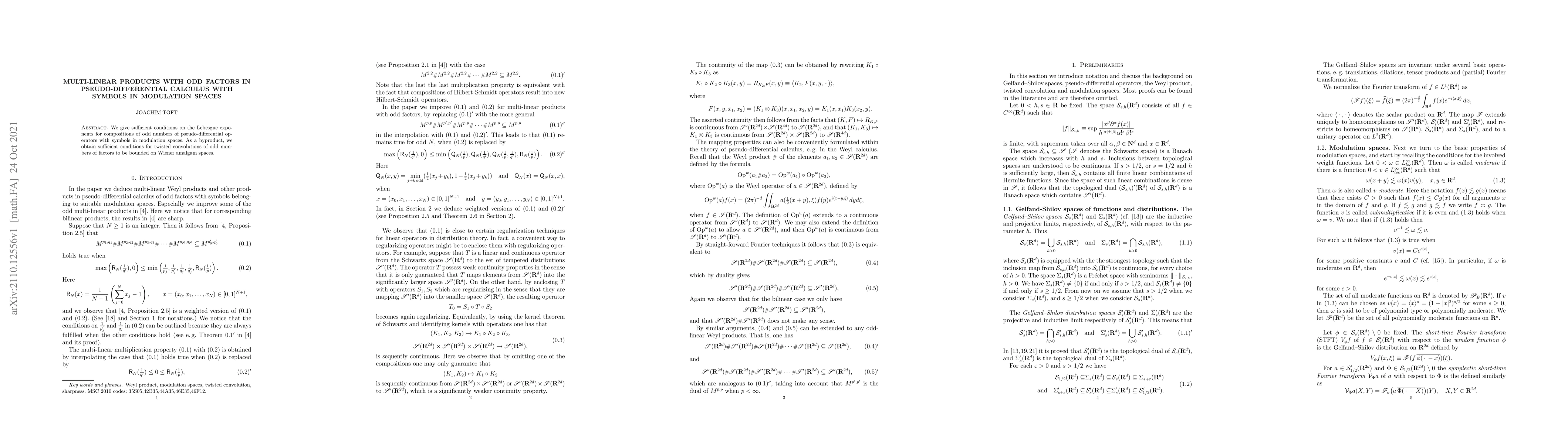 Thumbnail for Multi-linear products with odd factors in pseudo-differential calculus
  with symbols in modulation spaces