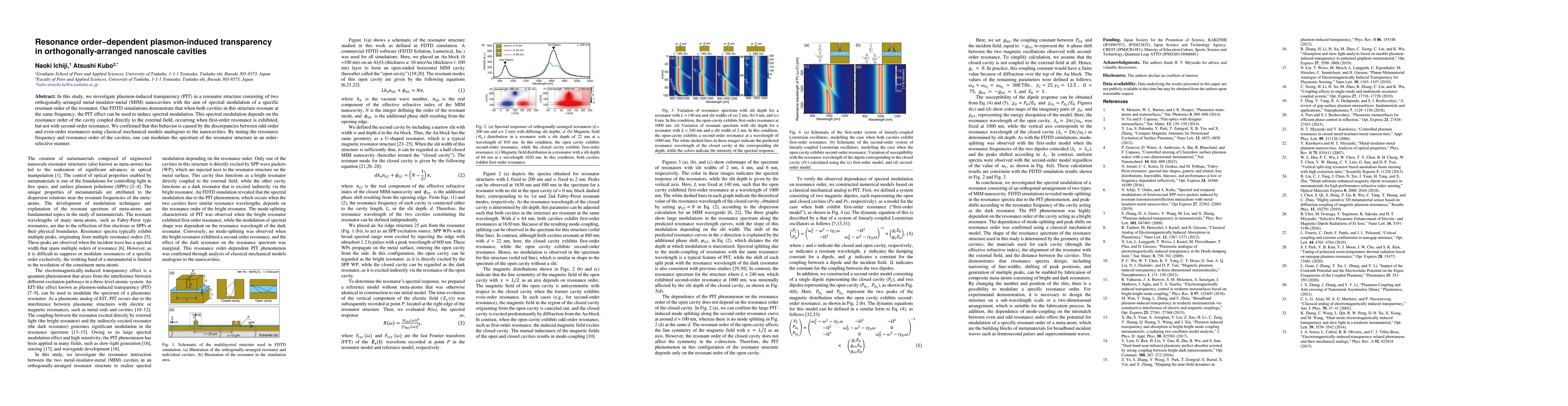 Thumbnail for Resonance order-dependent plasmon-induced transparency in
  orthogonally-arranged nanoscale cavities