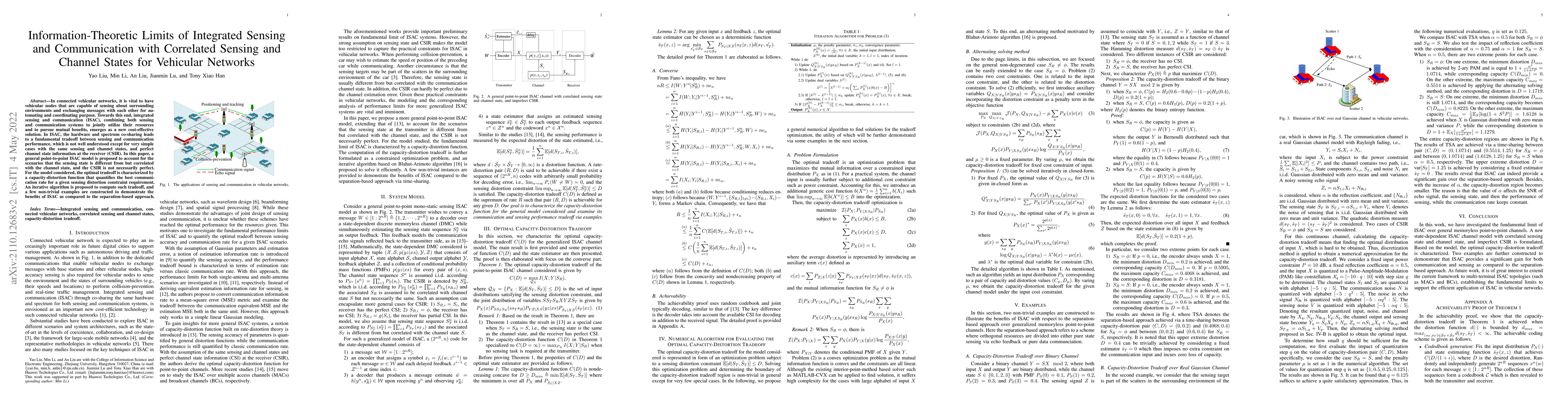 Thumbnail for Information-Theoretic Limits of Integrated Sensing and Communication
  with Correlated Sensing and Channel States for Vehicular Networks