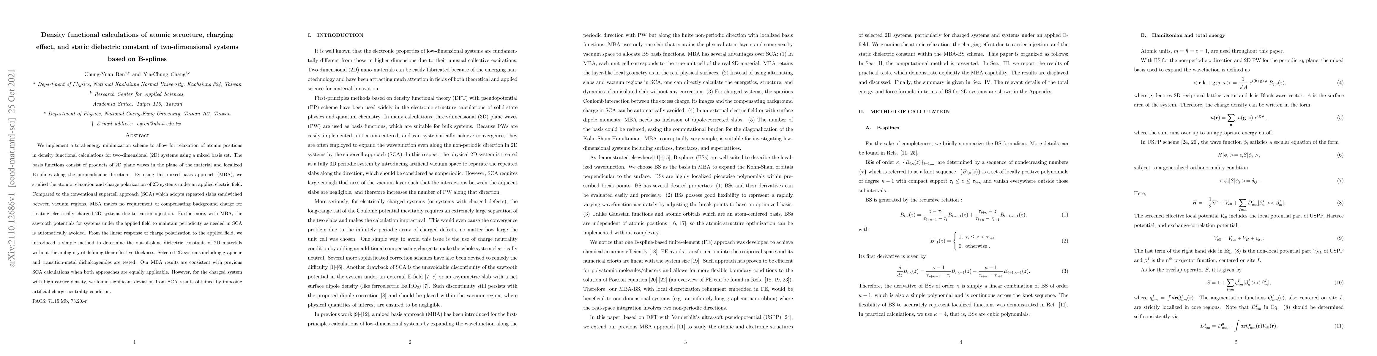 Thumbnail for Density functional calculations of atomic structure, charging effect,
  and static dielectric constant of two-dimensional systems based on B-splines