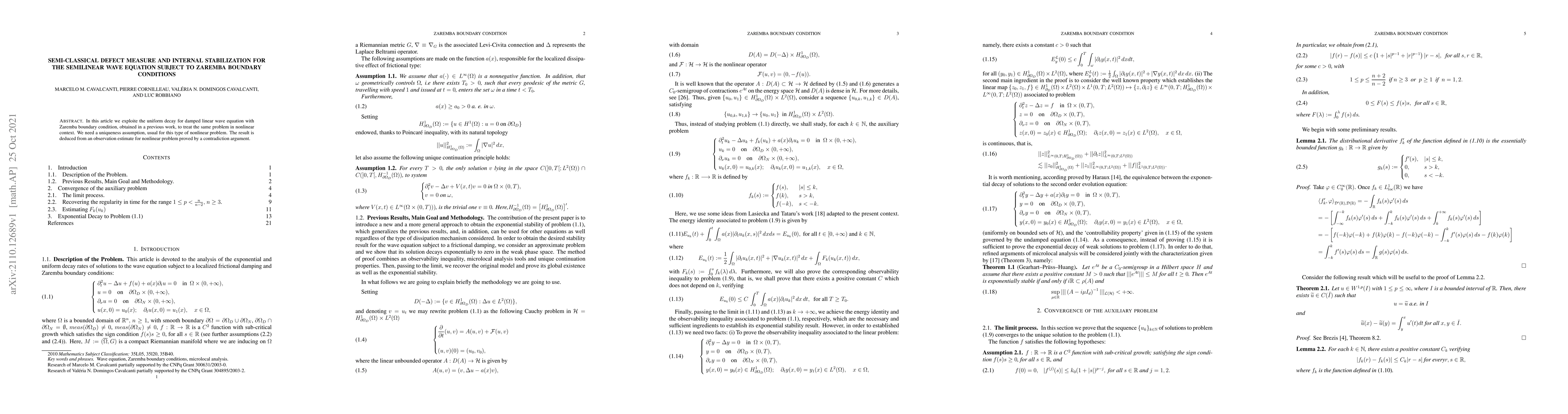 Thumbnail for Semi-classical defect measure and internal stabilization for the
  semilinear wave equation subject to Zarembaboundary conditions