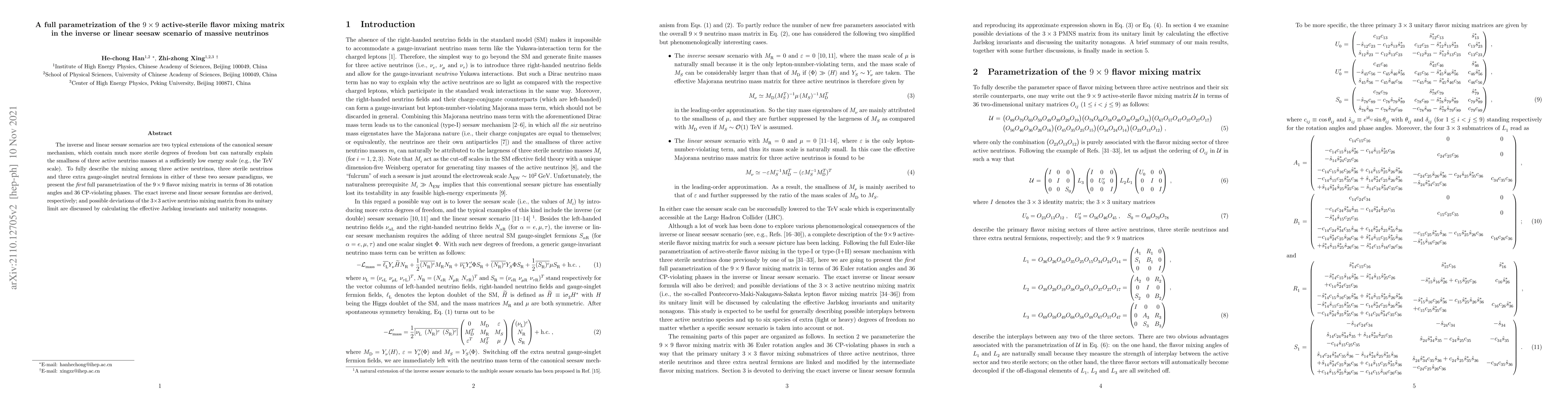 Thumbnail for A full parametrization of the $9\times 9$ active-sterile flavor mixing
  matrix in the inverse or linear seesaw scenario of massive neutrinos