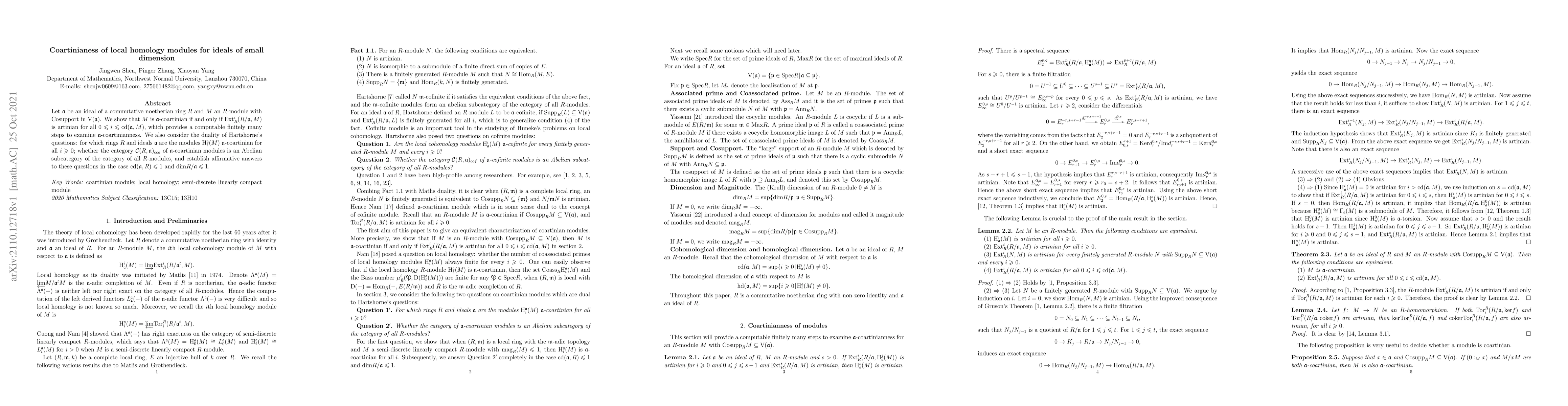Thumbnail for Coartinianess of local homology modules for ideals of small dimension