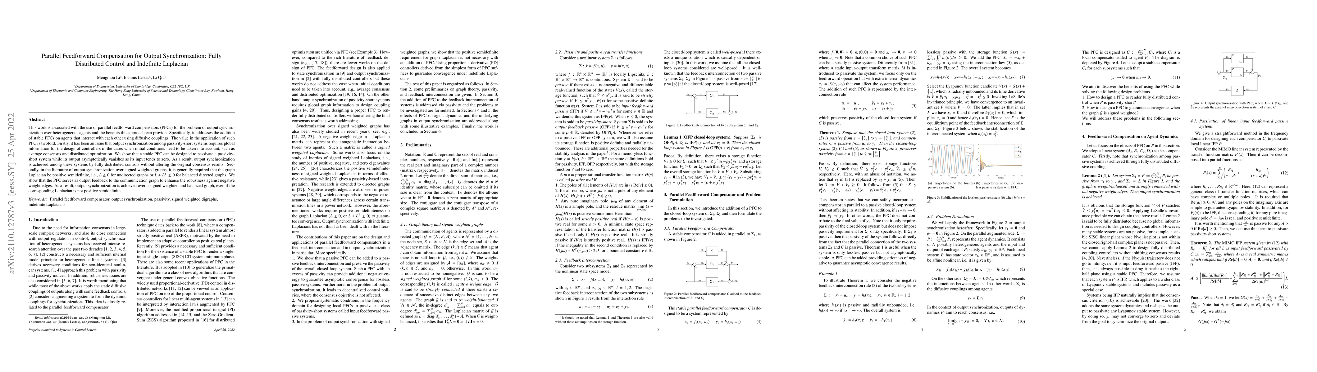 Thumbnail for Parallel Feedforward Compensation for Output Synchronization: Fully
  Distributed Control and Indefinite Laplacian
