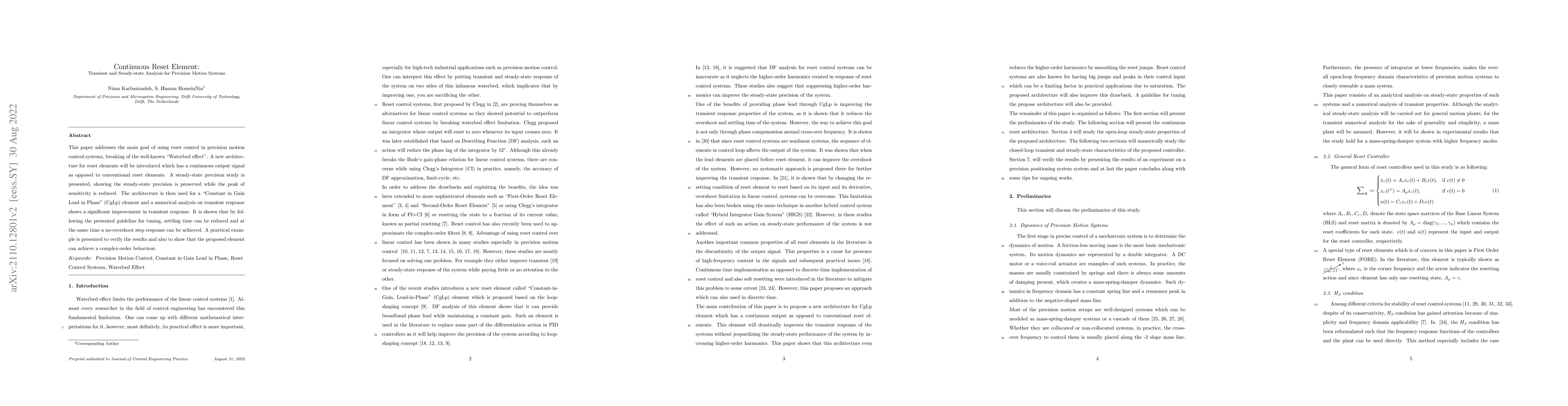 Thumbnail for Continuous reset element: Transient and steady-state analysis for
  precision motion systems