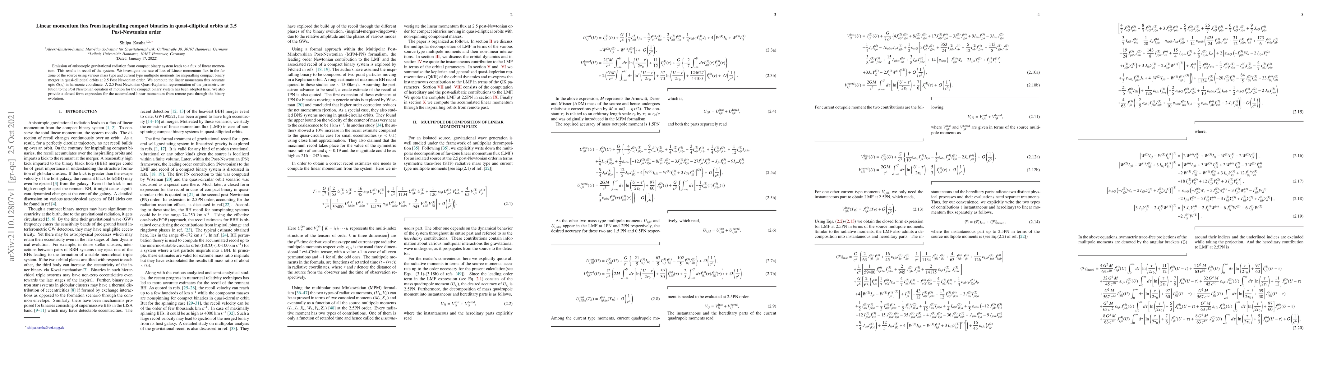 Thumbnail for Linear momentum flux from inspiralling compact binaries in
  quasi-elliptical orbits at 2.5 Post-Newtonian order