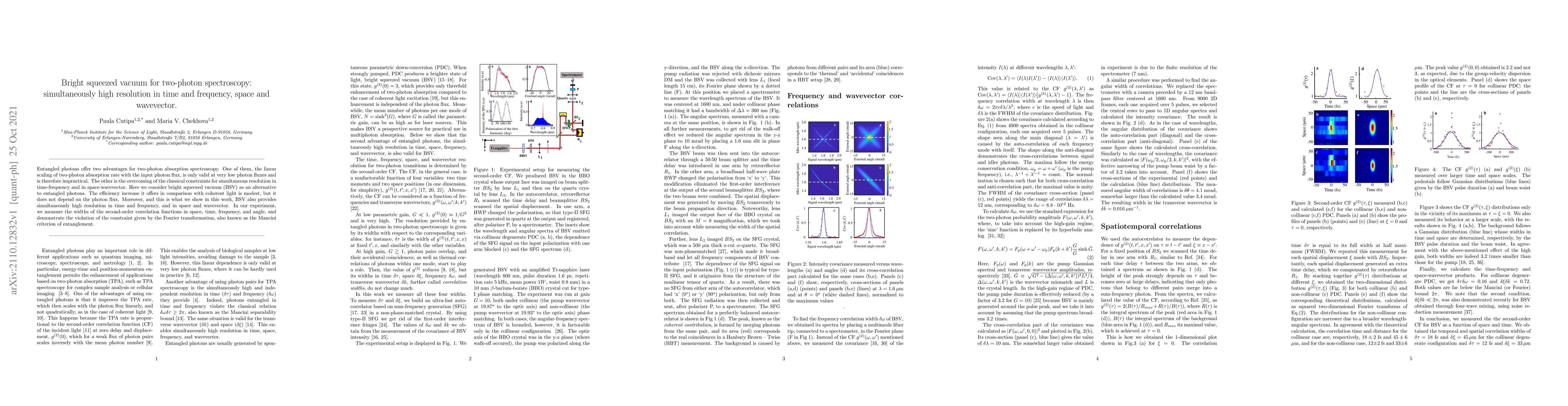 Thumbnail for Bright squeezed vacuum for two-photon spectroscopy: simultaneously high
  resolution in time and frequency, space and wavevector