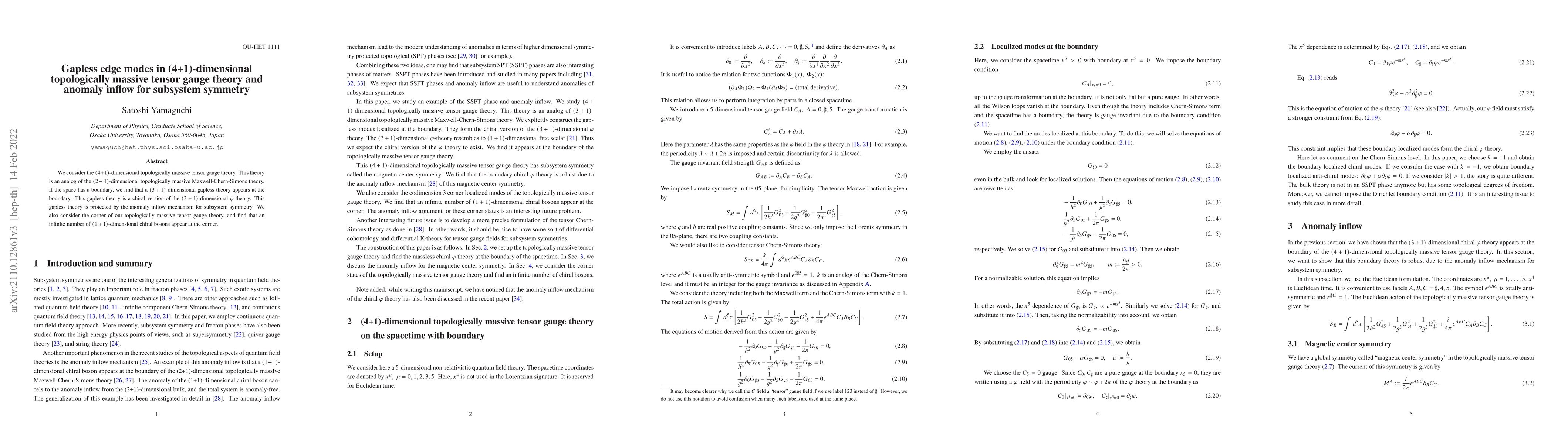 Thumbnail for Gapless edge modes in (4+1)-dimensional topologically massive tensor
  gauge theory and anomaly inflow for subsystem symmetry
