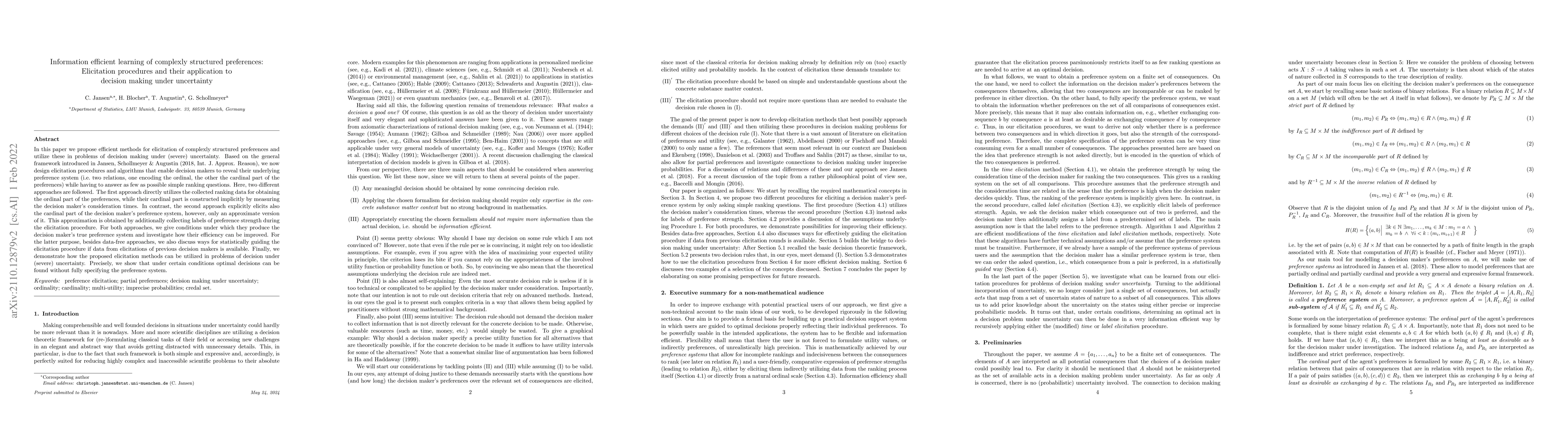Thumbnail for Information efficient learning of complexly structured preferences:
  Elicitation procedures and their application to decision making under
  uncertainty