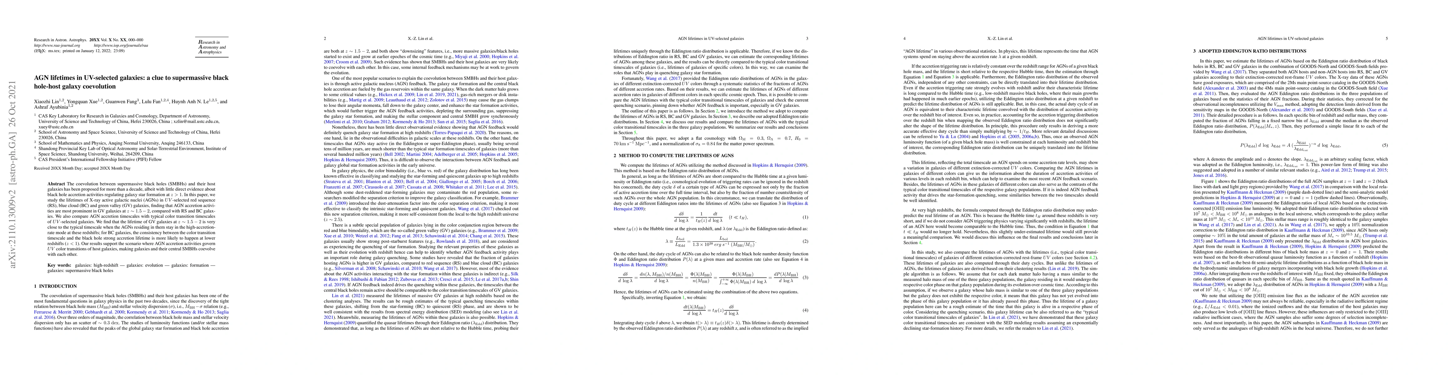 Thumbnail for AGN lifetimes in UV-selected galaxies: a clue to supermassive black
  hole-host galaxy coevolution