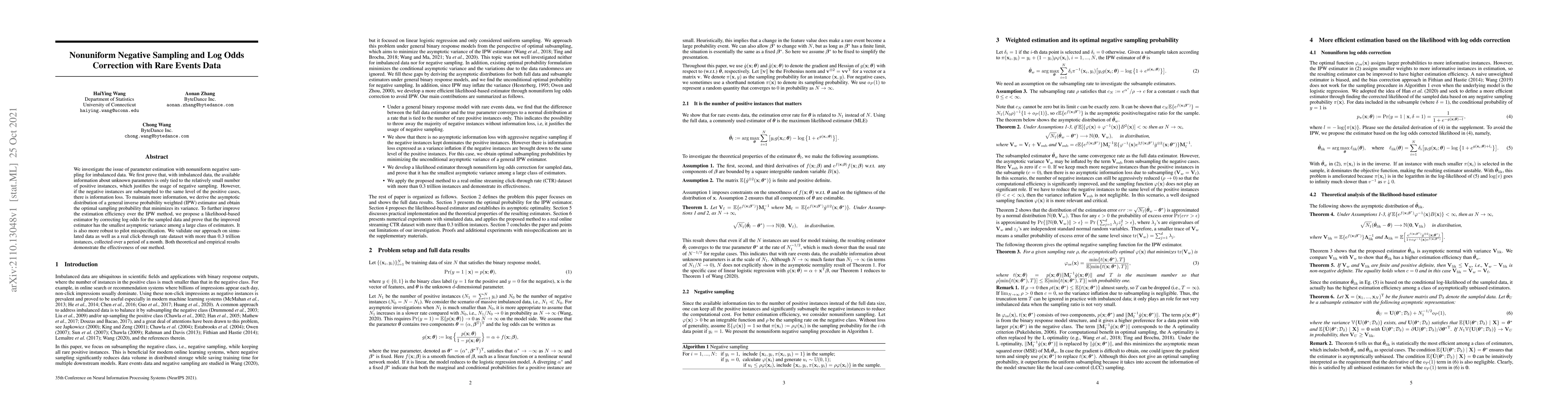 Thumbnail for Nonuniform Negative Sampling and Log Odds Correction with Rare Events
  Data