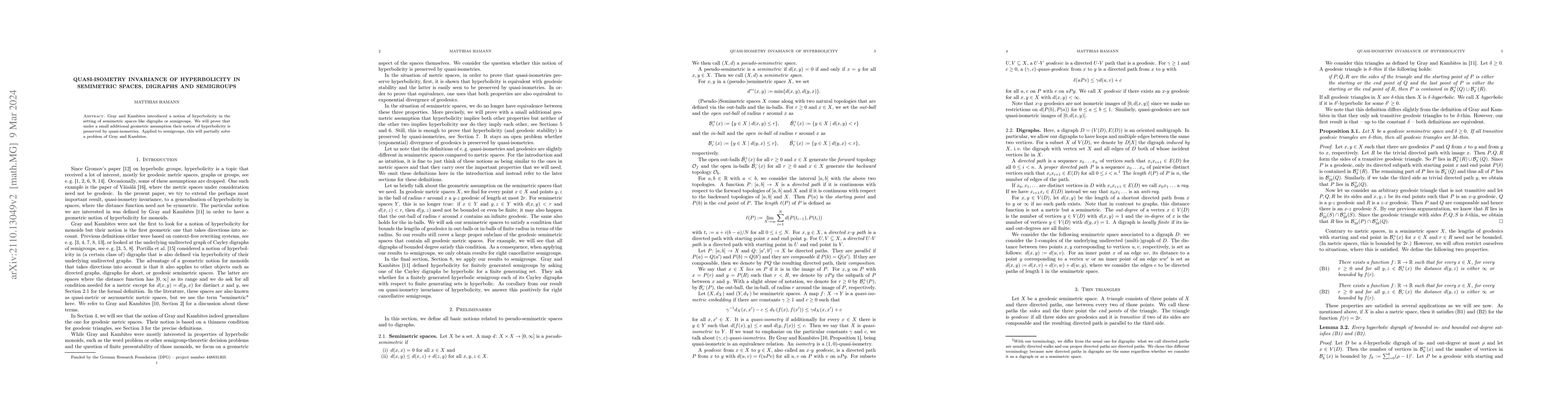 Thumbnail for Quasi-isometry invariance of hyperbolicity in semimetric spaces,
  digraphs and semigroups