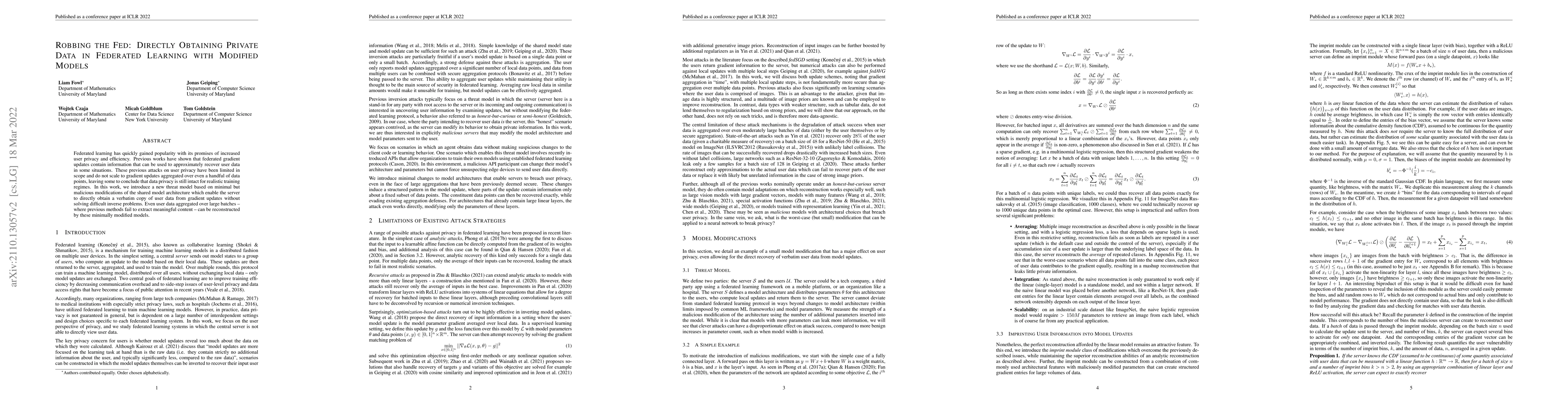 Thumbnail for Robbing the Fed: Directly Obtaining Private Data in Federated Learning
  with Modified Models