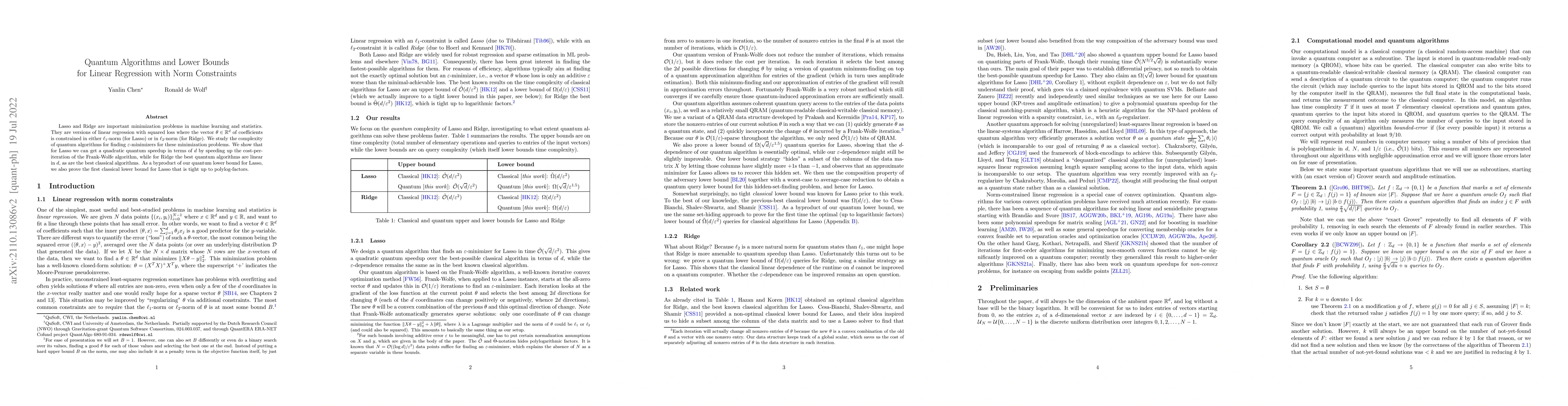 Thumbnail for Quantum Algorithms and Lower Bounds for Linear Regression with Norm
  Constraints