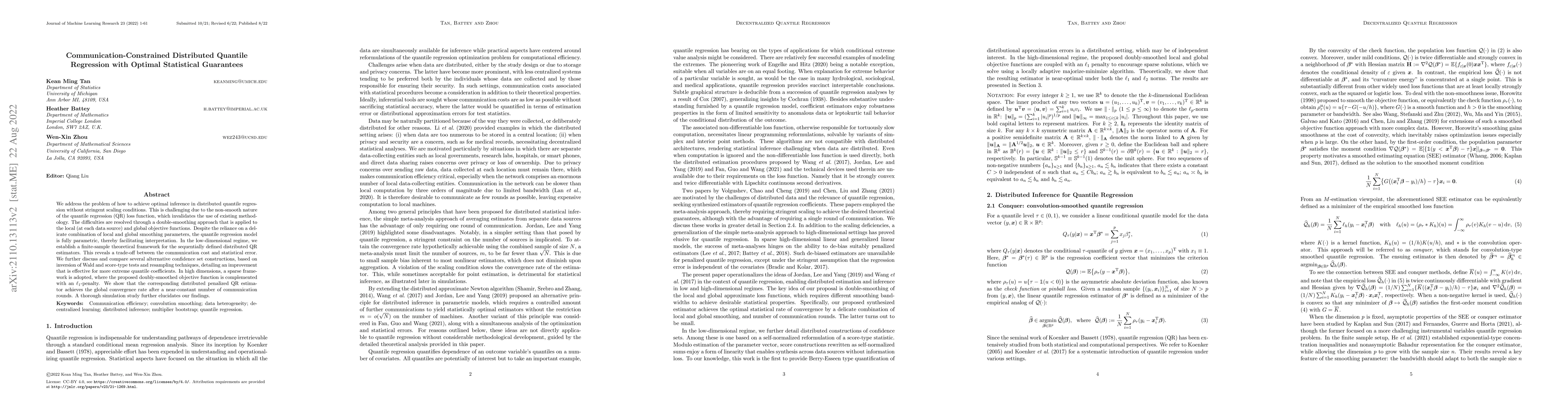 Thumbnail for Communication-Constrained Distributed Quantile Regression with Optimal
  Statistical Guarantees