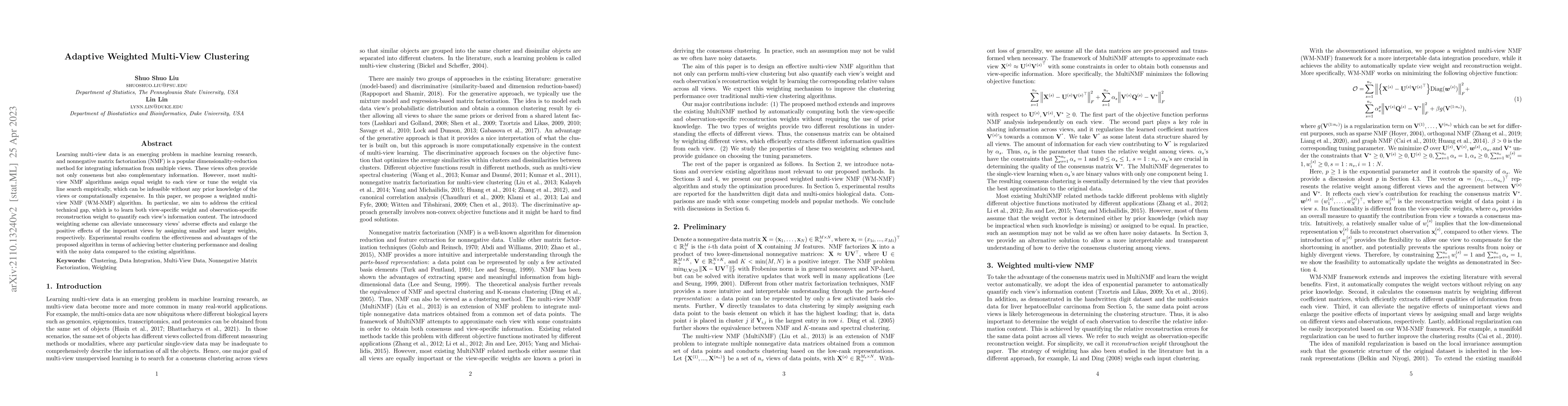 Thumbnail for Adaptive Weighted Multi-View Clustering