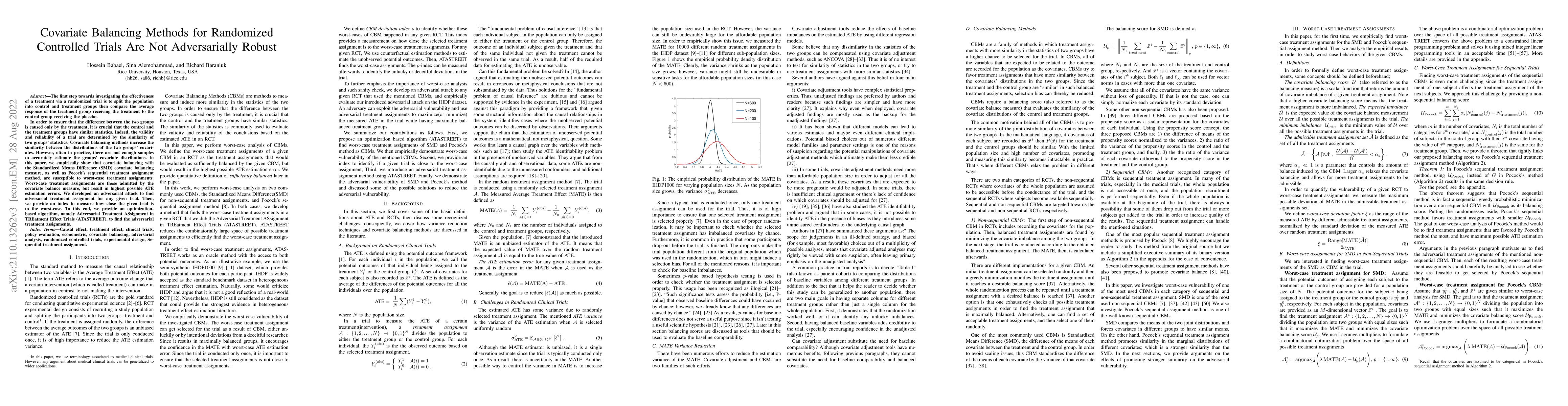 Thumbnail for Covariate Balancing Methods for Randomized Controlled Trials Are Not
  Adversarially Robust