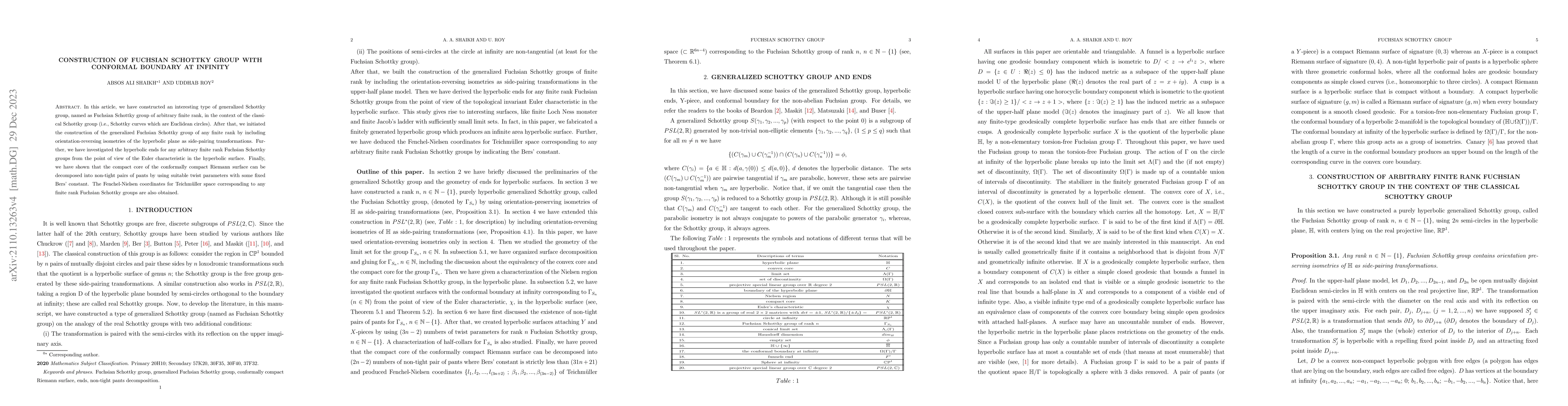 Thumbnail for Construction of Fuchsian Schottky group with conformal boundary at
  infinity